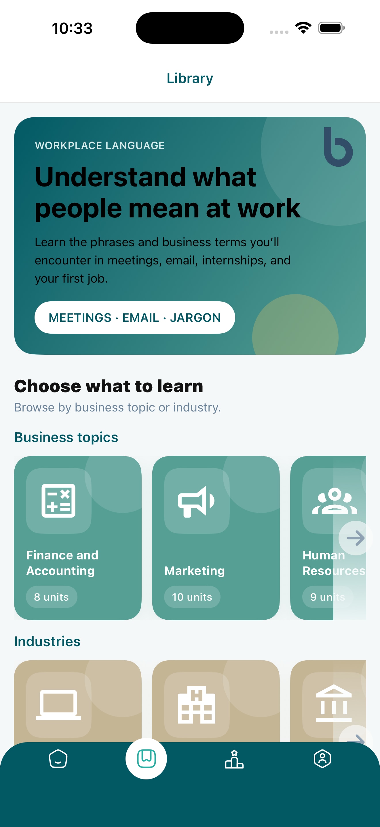 BizLinga Library screen showing workplace language and business topics