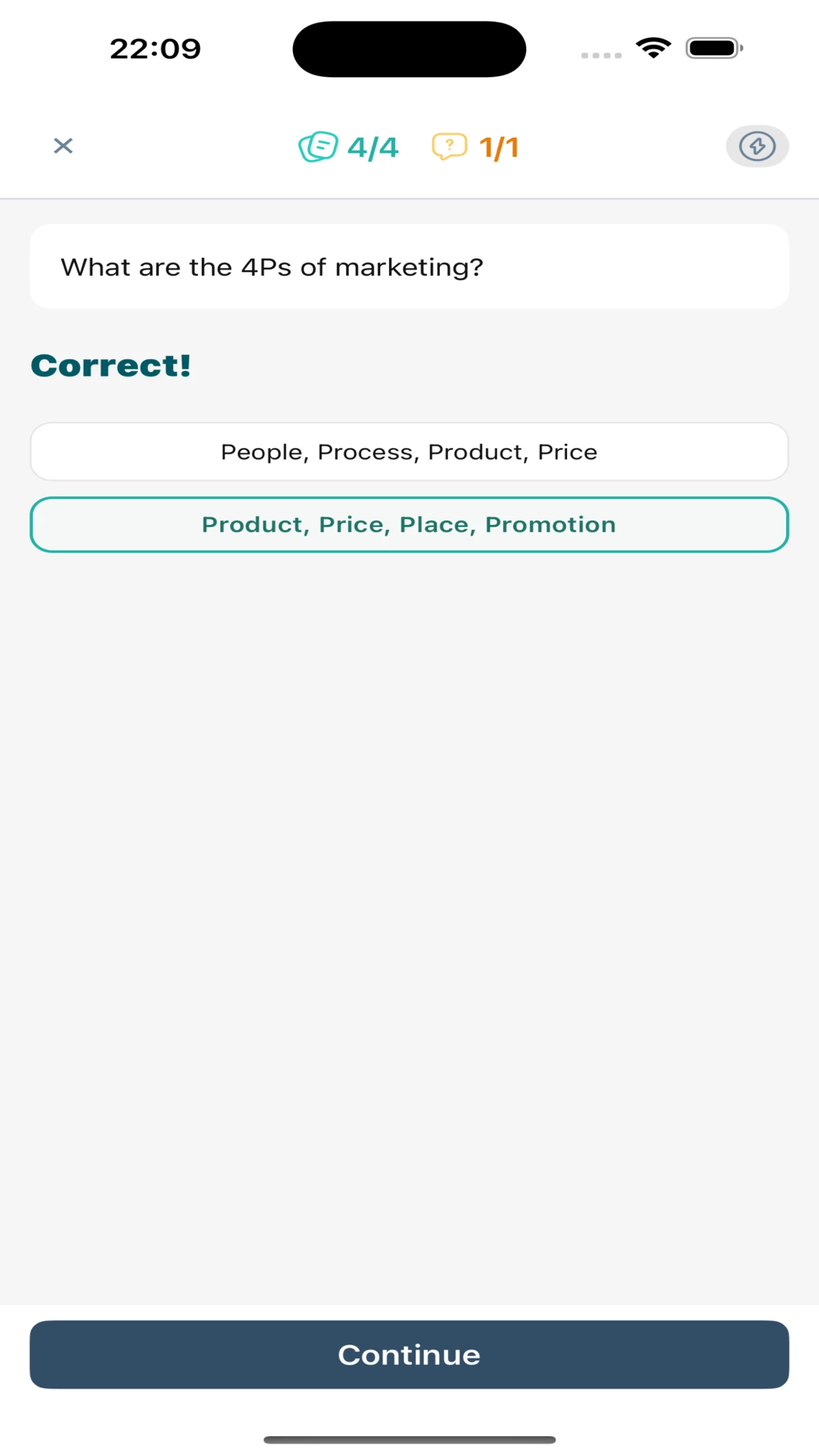 BizLinga interactive marketing question with answer feedback